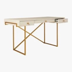 Avalon 3-Drawer Gold Desk With Ivory Shagreen Top -Chic Living Shop AvalonIvoryFauxShgrnDesk3QAVS20
