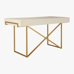 Avalon 3-Drawer Gold Desk With Ivory Shagreen Top -Chic Living Shop AvalonIvoryFauxShgrnDesk3QB20