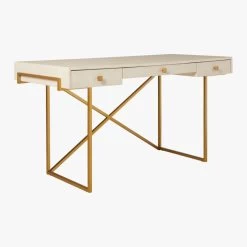 Avalon 3-Drawer Gold Desk With Ivory Shagreen Top -Chic Living Shop AvalonIvoryFauxShgrnDesk3QS20