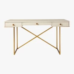 Avalon 3-Drawer Gold Desk With Ivory Shagreen Top -Chic Living Shop AvalonIvoryFauxShgrnDeskSO20