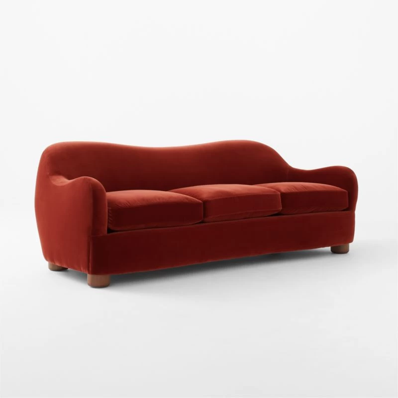 Bacio Merlot Curved Velvet Sofa With Walnut Legs 5 Bacio Merlot Curved Velvet Sofa With Walnut Legs - Image 3