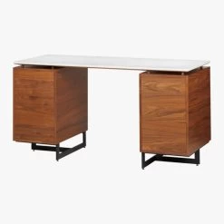 Fullerton 6-Drawer Walnut Wood Desk With White Marble Top -Chic Living Shop FullertonMdlrDskW2Drwrs3QBS18