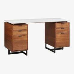 Fullerton 6-Drawer Walnut Wood Desk With White Marble Top -Chic Living Shop FullertonMdlrDskW2Drwrs3QFS18