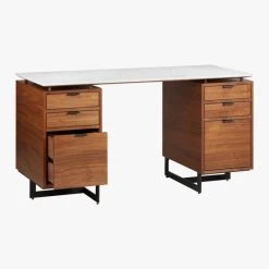 Fullerton 6-Drawer Walnut Wood Desk With White Marble Top -Chic Living Shop FullertonMdlrDskW2DrwrsAVS18