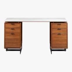 Fullerton 6-Drawer Walnut Wood Desk With White Marble Top -Chic Living Shop FullertonMdlrDskW2DrwrsS18