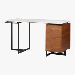 Fullerton 3-Drawer Metal And Walnut Wood Desk With White Marble Top -Chic Living Shop FullertonMdlrDskWDrwrLeg3QBS18