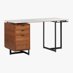 Fullerton 3-Drawer Metal And Walnut Wood Desk With White Marble Top -Chic Living Shop FullertonMdlrDskWDrwrLeg3QFS18