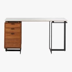 Fullerton 3-Drawer Metal And Walnut Wood Desk With White Marble Top -Chic Living Shop FullertonMdlrDskWDrwrLegS18