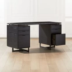 Fullerton 6-Drawer Black Oak Wood Desk With Black Marble Top -Chic Living Shop FullertonModBkDkW2BkDrwAV2SHF20 1x1