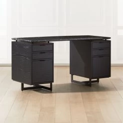 Fullerton 6-Drawer Black Oak Wood Desk With Black Marble Top -Chic Living Shop FullertonModBkDkW2BkDrwAVSHF20 1x1
