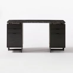 Fullerton 6-Drawer Black Oak Wood Desk With Black Marble Top -Chic Living Shop FullertonModBkDkW2BkDrwSOF20