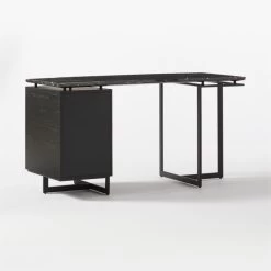 Fullerton 3-Drawer Black Metal And Oak Wood Desk With Black Marble Top -Chic Living Shop FullertonModBkDkWBkDrNLg3QBF20