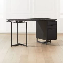 Fullerton 3-Drawer Black Metal And Oak Wood Desk With Black Marble Top -Chic Living Shop FullertonModBkDkWBkDrNLgAVSHF20 1x1