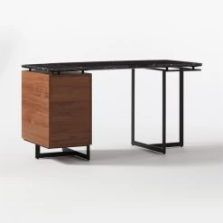 Fullerton 3-Drawer Metal And Walnut Wood Desk With Black Marble Top -Chic Living Shop FullertonModBkDkWWlDrNLg3QBF20
