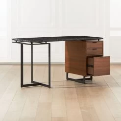Fullerton 3-Drawer Metal And Walnut Wood Desk With Black Marble Top -Chic Living Shop FullertonModBkDkWWlDrNLgAV2SHF20 1x1