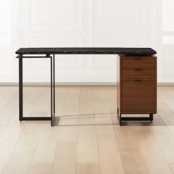 Fullerton 3-Drawer Metal And Walnut Wood Desk With Black Marble Top