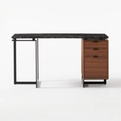 Fullerton 3-Drawer Metal And Walnut Wood Desk With Black Marble Top -Chic Living Shop FullertonModBkDkWWlDrNLgSOF20