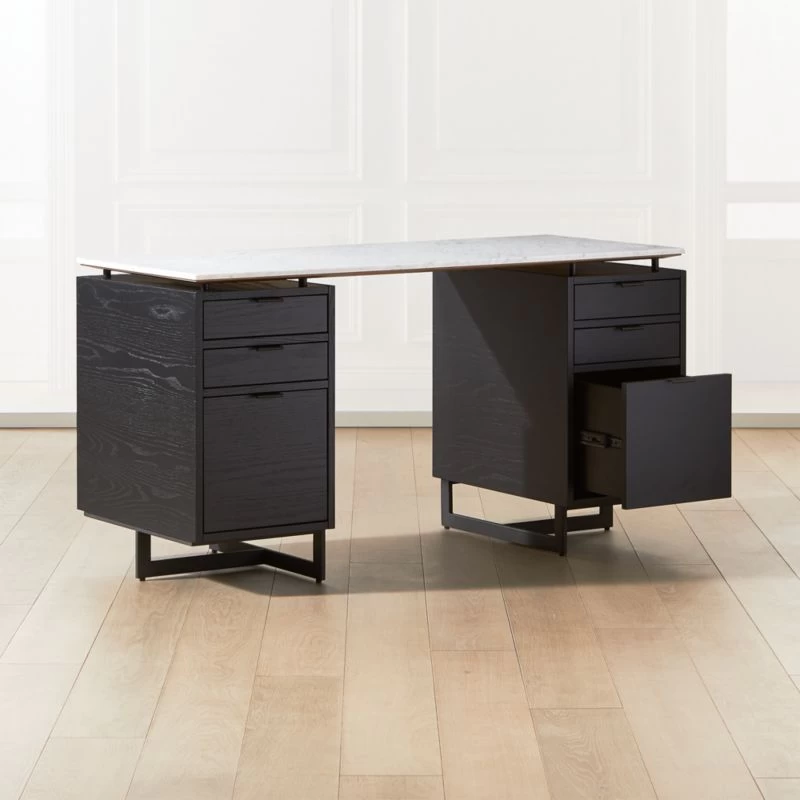 Fullerton 6-Drawer Black Oak Wood Desk With White Marble Top 5 Fullerton 6-Drawer Black Oak Wood Desk With White Marble Top - Image 3