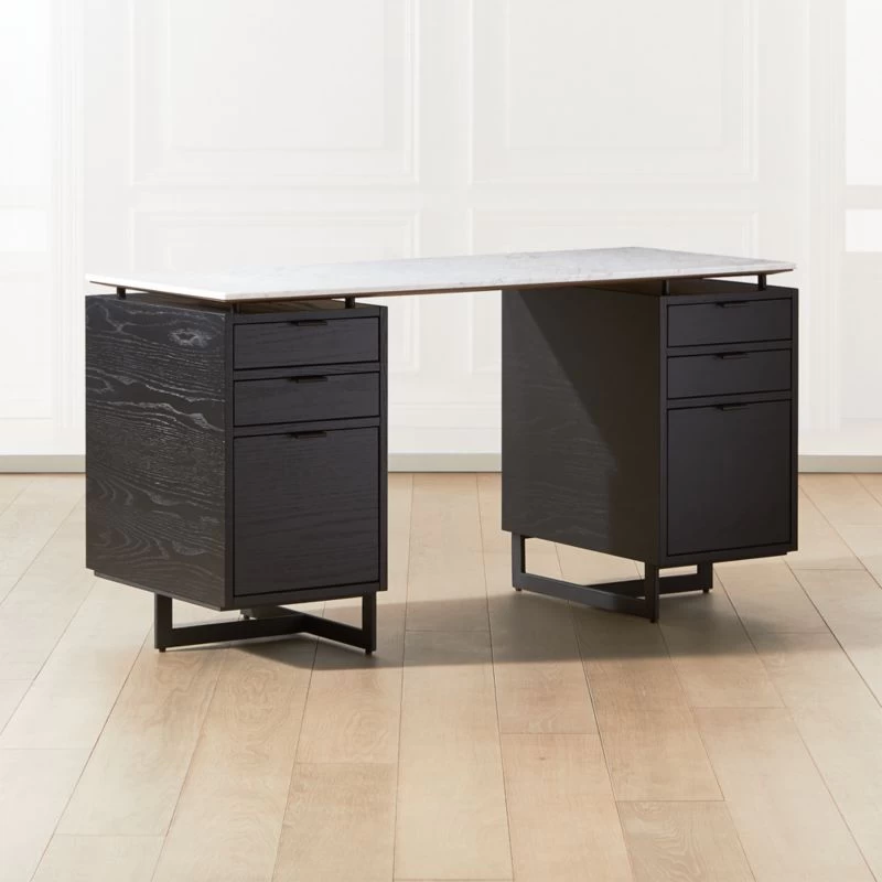 Fullerton 6-Drawer Black Oak Wood Desk With White Marble Top 4 Fullerton 6-Drawer Black Oak Wood Desk With White Marble Top - Image 2