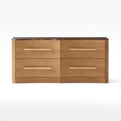 Kingsbury Low 4-Drawer Curved Oak Wood Dresser With Marble Top -Chic Living Shop KingsburyCrvdMrblLwDrssrSOSSF22