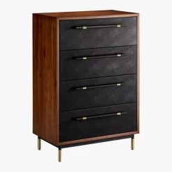 Oberlin Tall 4-Drawer Black Leather And Wood Dresser -Chic Living Shop OberlinTallChest3QFS18