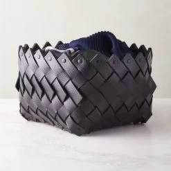 Willa Woven Black Leather Storage Basket Small -Chic Living Shop WillaBkLthrWovenBasketSmAVSHF22