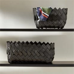 Willa Woven Black Leather Storage Basket Small -Chic Living Shop WillaBlkLthrWovenBsktGrpAVFHF22